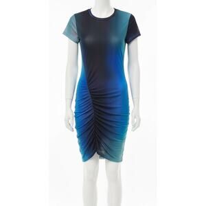 WEEKDAY Darcy Ruched Dress Women S Water Color Blue Green Stretch Y2K Mesh Retro